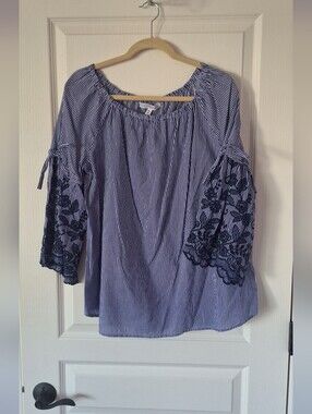 Fever Navy and White Striped Blouse with Navy Lace Sleeves